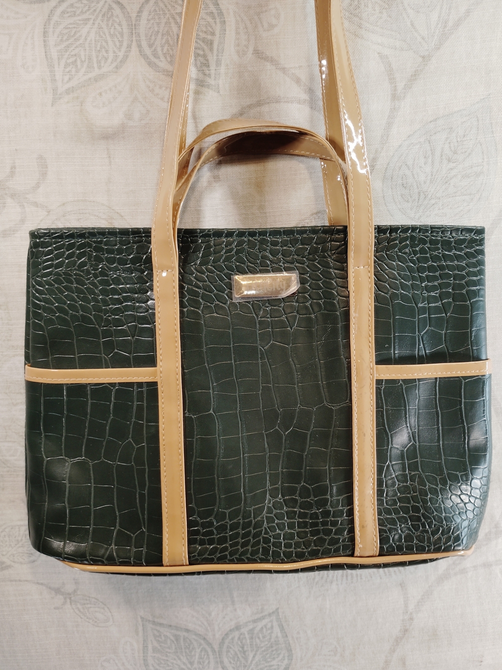 Dark Green Croc-Embossed Shoulder Bag with Beige Trim